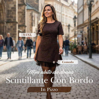 🔥Offerte speciali - Abito mini da donna con maniche corte e bordi in pizzo scintillante | Elegante e brillante