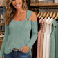Women Cold Shoulder V Neck Textured Long Sleeve Top