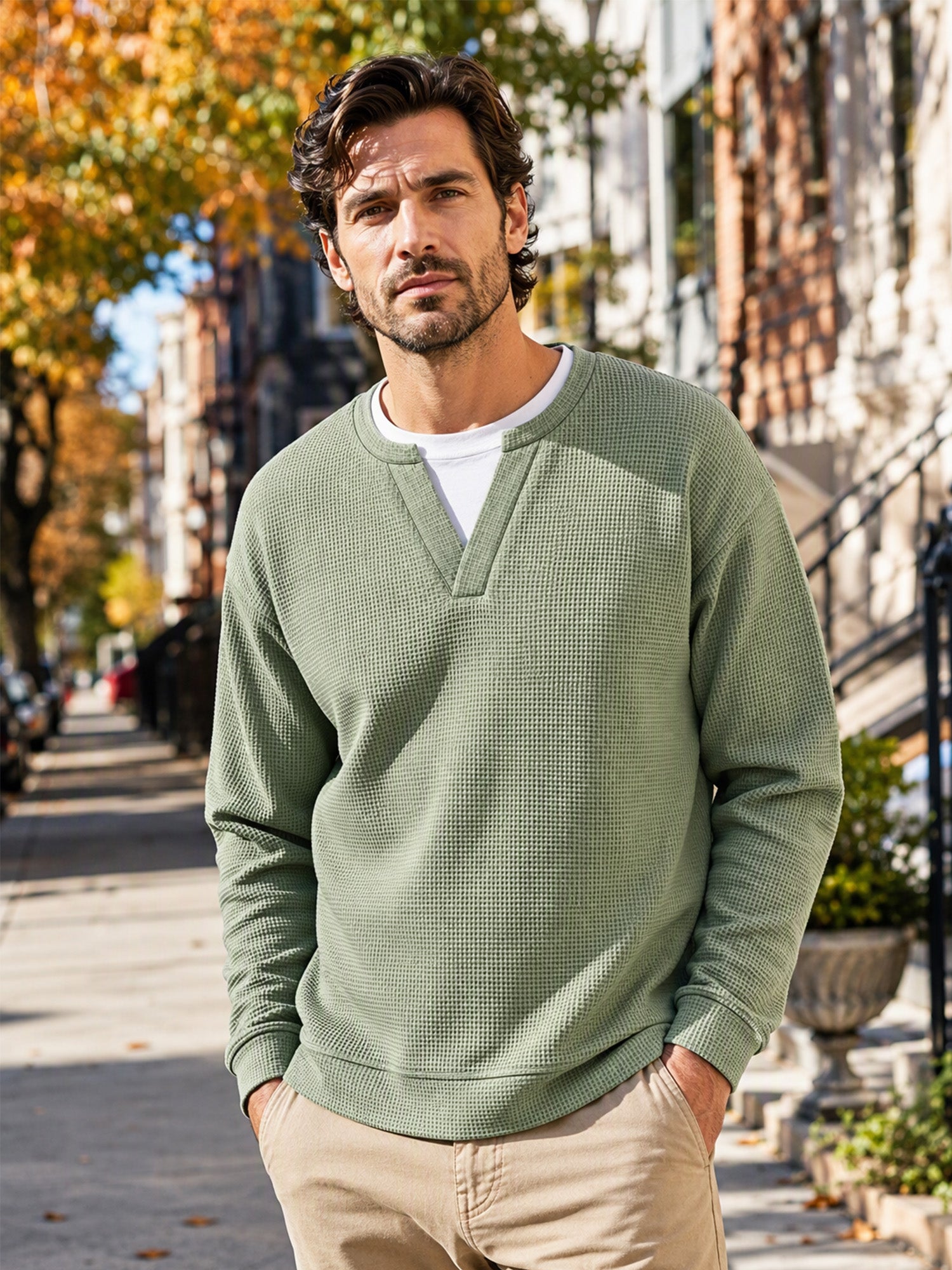 ✨ Timeless Comfort | Men's Textured Waffle Layered-Look Long-Sleeve Tee
