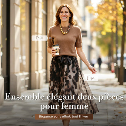 Women's Two-Piece Sweater & Leopard Flowy Skirt Set
