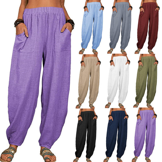 Pantaloni a Gamba Larga da Donna in Lino e Cotone