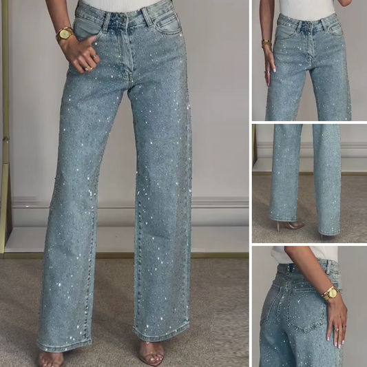 💫 Rhinestone straight-leg jeans|Micro-stretch fabric with a high waist and a slim look
