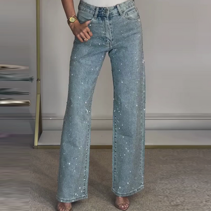 💫 Rhinestone straight-leg jeans|Micro-stretch fabric with a high waist and a slim look