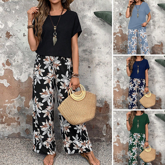🏆SCONTO DEL 54% 🔥 Completo da donna composto da pantaloni a gamba larga con stampa floreale e top a maniche corte