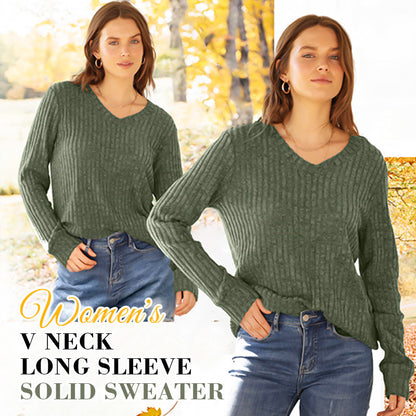 Maglione donna con scollo a V e manica lunga a tinta unita