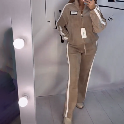 Completo da donna composto da giacca e pantaloni elasticizzati in vita color-block, 2 pezzi