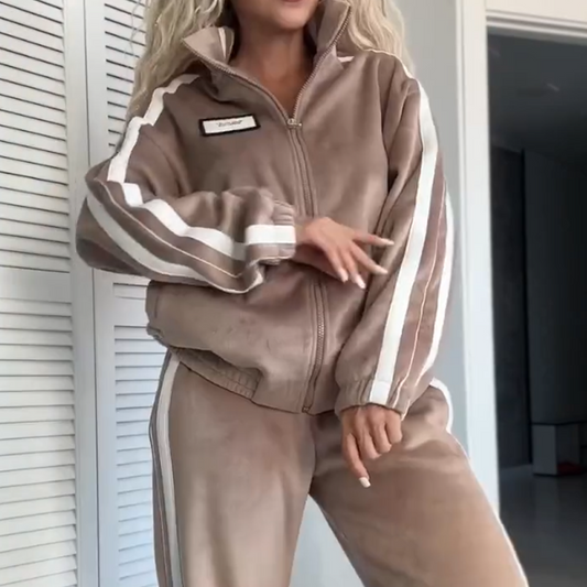 Completo da donna composto da giacca e pantaloni elasticizzati in vita color-block, 2 pezzi