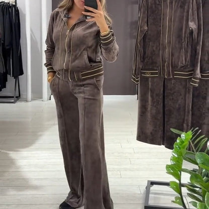 Tuta da donna a due pezzi con giacca con zip e pantaloni a gamba larga