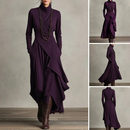 Elegante abito lungo drappeggiato asimmetrico con collo alto da donn
