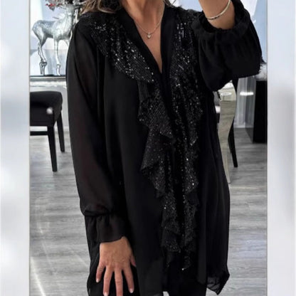 👚 SCONTO DEL 60% ORA! ✨ Top da Donna in Chiffon con Scollo a V e Paillettes – Maniche Lunghe, Elegante Lucentezza & Perfetto per le Occasioni Serali 🌙📦