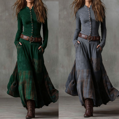 Abito svasato vintage con collo alto e bottoni