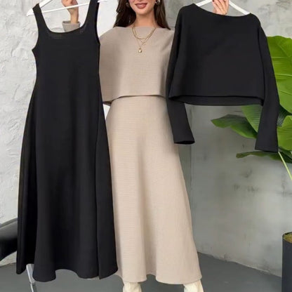 Completo da donna in maglia a 2 pezzi con abito midi senza maniche e top corto