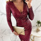 📢50% DI SCONTO!!! 🎅Abito sottile elegante con scollo a V e spacco di paillettes