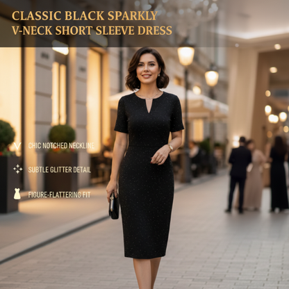 🧡Nuovo arrivo🔥Abito classico nero scintillante con scollo a V e maniche corte