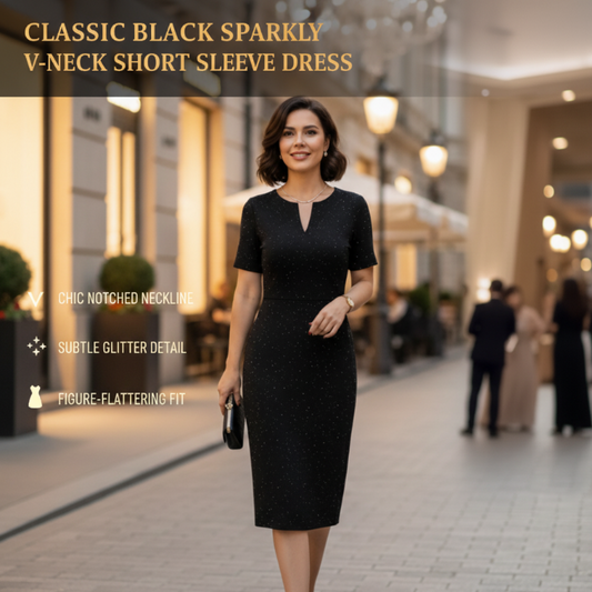 🧡Nuovo arrivo🔥Abito classico nero scintillante con scollo a V e maniche corte