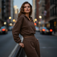 Completo da donna con felpa corta e pantaloni a gamba larga