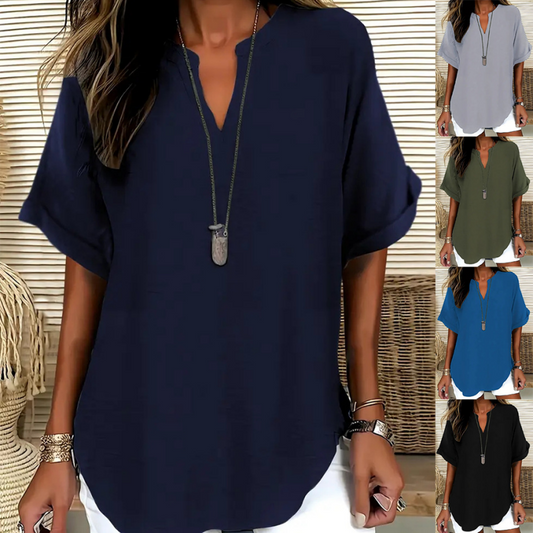 👚SCONTO DEL 61%! 🔥Top alla moda a maniche corte, ampio, con scollo a V profondo, orlo asimmetrico e tessuto leggero (5 colori, taglie dalla S alla 2XL) 🌸