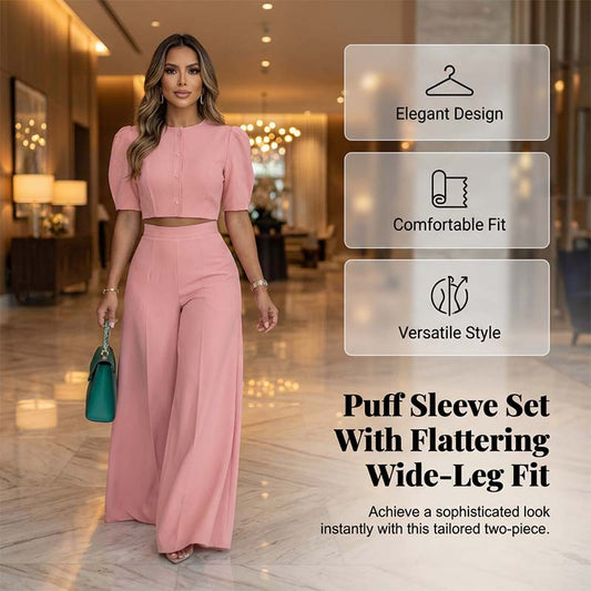 Completo Elegante con Top a Maniche a Sbuffo e Pantaloni Palazzo