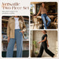 Completo da Donna in Maglia a Costine con Top e Pantaloni a Gamba Larga