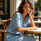 Completo da donna in lino a due pezzi: top con scollo a V e pantaloni.