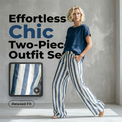 Outfit casual da donna: top semplice e pantaloni a righe a gamba larga