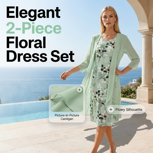 Completo da donna in due pezzi: elegante abito in chiffon e cardigan