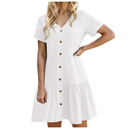Abito da donna con annodatura, abito estivo ampio in cotone e lino, con orlo a balze, abito casual a maniche corte