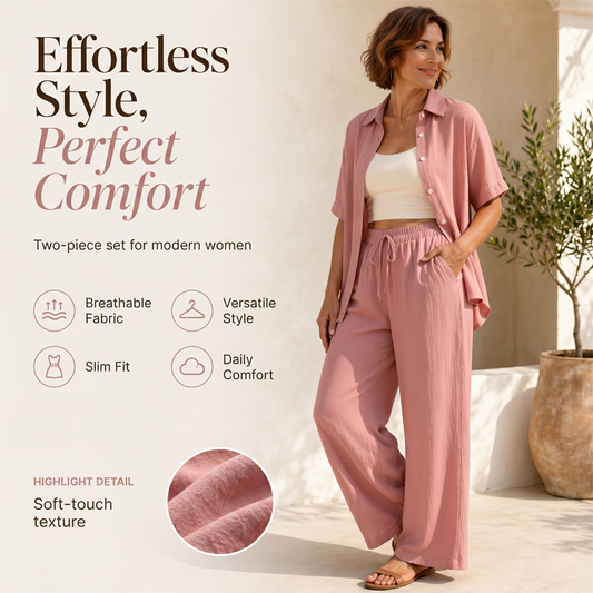 ✨New Arrival✨👖 2-Piece Set with Short Sleeve Top & Flowy Wide-Leg Pants – Perfect for Summer Days