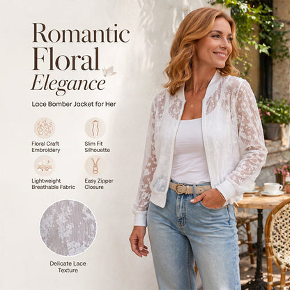 ⌛Limited-Time Offer-Women's Sheer Floral Lace Zip-Up Baseball Jacket