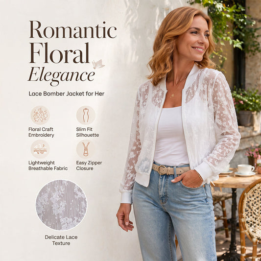 ⌛Limited-Time Offer-Women's Sheer Floral Lace Zip-Up Baseball Jacket
