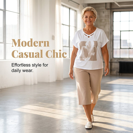 Women Casual Two Piece Set V Neck Tee and Cropped Pants