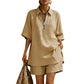 Women Casual Two Piece Set Short Sleeve Half Zip Top and Shorts