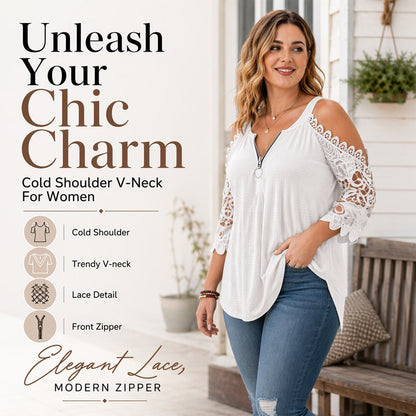 Women's Lace Cold Shoulder Top with Zipper