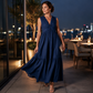 Women's Sleeveless V-Neck Pleated Dress with Pockets