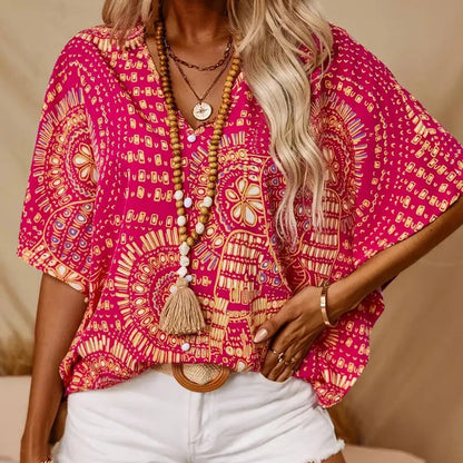Women's Vacation Style Loose V-Neck Printed Top with Dolman Sleeves