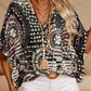 Women's Vacation Style Loose V-Neck Printed Top with Dolman Sleeves