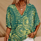 Women's Vacation Style Loose V-Neck Printed Top with Dolman Sleeves