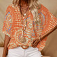 Women's Vacation Style Loose V-Neck Printed Top with Dolman Sleeves
