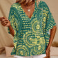 Women's Vacation Style Loose V-Neck Printed Top with Dolman Sleeves