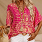 Women's Vacation Style Loose V-Neck Printed Top with Dolman Sleeves