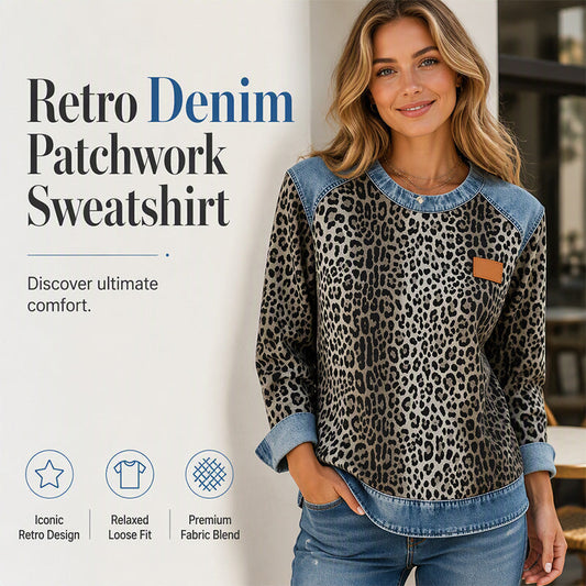 🐆 Retro Statement Style | Women's Leopard Print Denim-Patchwork Sweatshirt