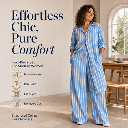 Women's Striped Longline Shirt & Wide-Leg Pants Set