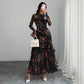 Floral Print Sheer Mesh Ruffle Hem Maxi Dress