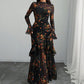 Floral Print Sheer Mesh Ruffle Hem Maxi Dress