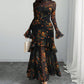 Floral Print Sheer Mesh Ruffle Hem Maxi Dress