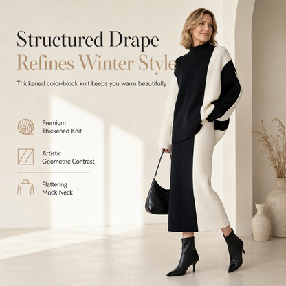 ⚡Free Shipping⚡Women's Autumn Winter Color Block Knit 2-Piece Set Thickened Pullover Sweater and Skirt