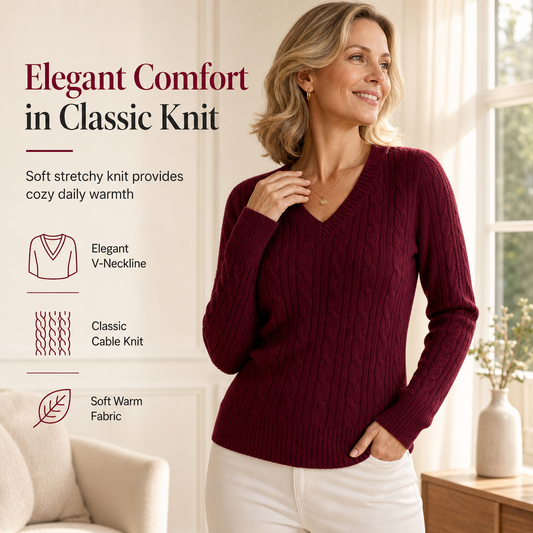 Women's V-Neck Cable Knit Sweater Long Sleeve Soft Warm Knitted Pullover