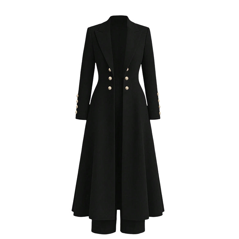 Black double-breasted longline coat and matching trousers