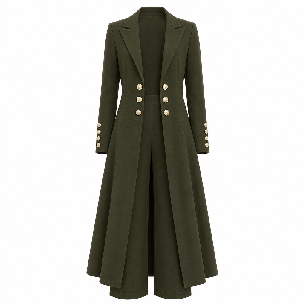 Army green longline coat and matching trousers