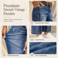 Women's Vintage Stretchy Straight Leg Denim Jeans with Distressed Patch Pockets and Frayed Raw Hem